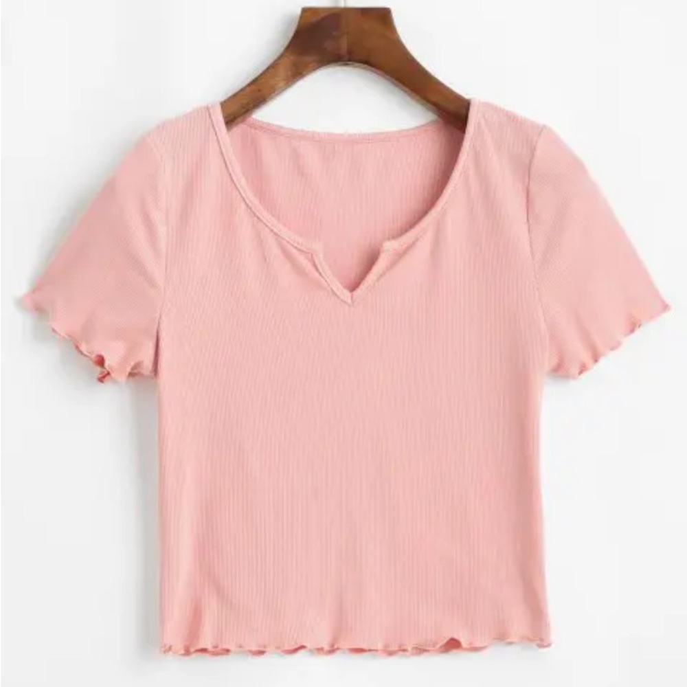 ZAFUL Ribbed Lettuce Trim Cropped Tee- Pink Rose